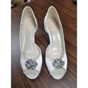 Paradox London Pink White Satin Peep Toe Embellished Heels Shoes Women's 7.5 US